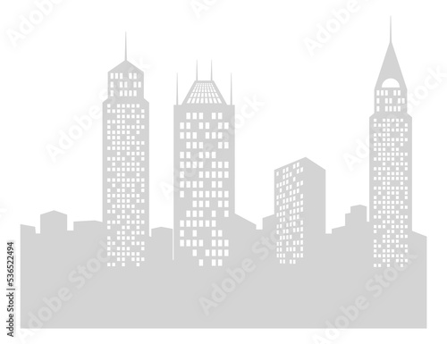 Gray cityscape silhouette with light windows in high skyscrapers