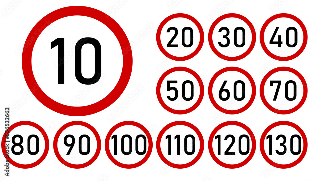 Set of generic speed limit signs for maximum speed Set of generic speed limit signs for maximum speed