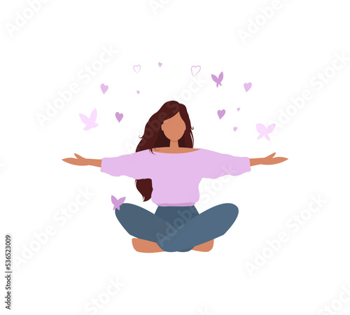 illustration of happy woman sits in lotus pose and open her arms to love, world and butterfly. Female character enjoys life and freedom. Mental health support, psychology concept.
