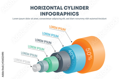 Horizontal Cylinder Infographics Concept. 3D Round Pyramid for business financial report.