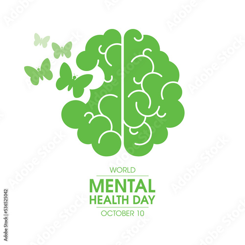 World Mental Health Day poster with human brain vector illustration. Abstract green human brain with butterflies icon vector isolated on a white background. October 10. Important day