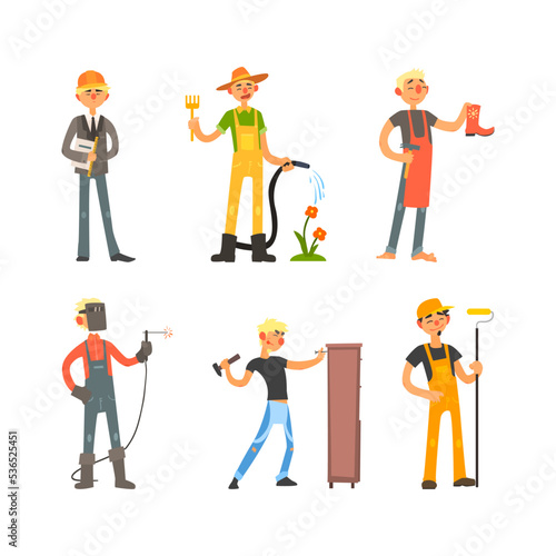Man Character Engaged in Different Profession Wearing Uniform and Working Vector Set
