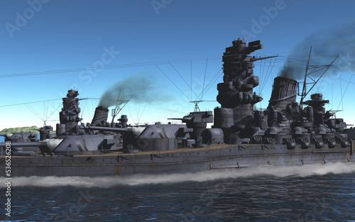 Vászonkép 呉軍港を出港し、瀬戸内海を並走する連合艦隊戦艦「大和」と「武蔵」