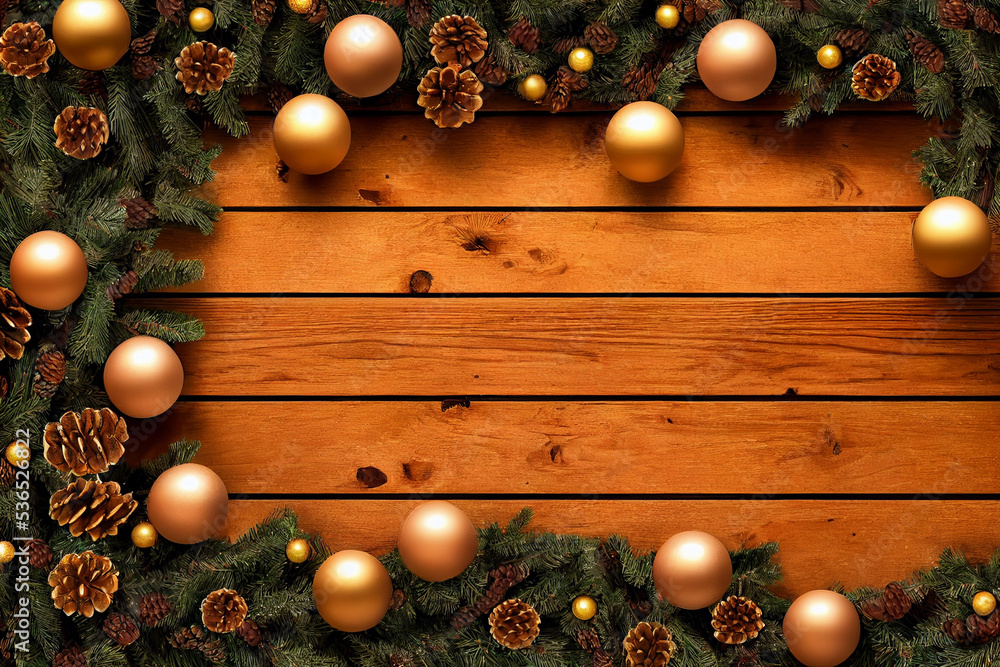 3d illustration of Christmas table, with ornaments. Flat lay copy space ...