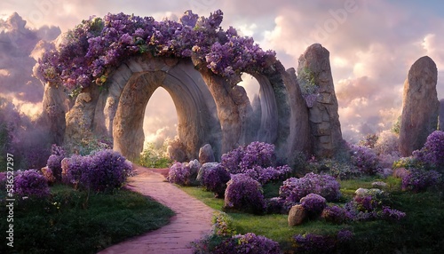 Fantasy landscape of a fairy garden with a stone arch and lilacs., lilac bushes, stone arch, portal, entrance, unreal world. 3d rendering. Raster illustration.