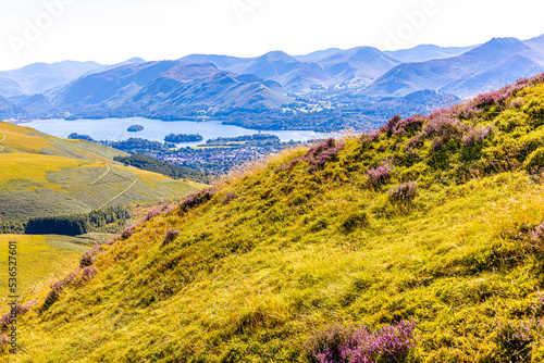 Aerial view of hills around Keswick in Lake District, a region and national park in Cumbria in northwest England photo