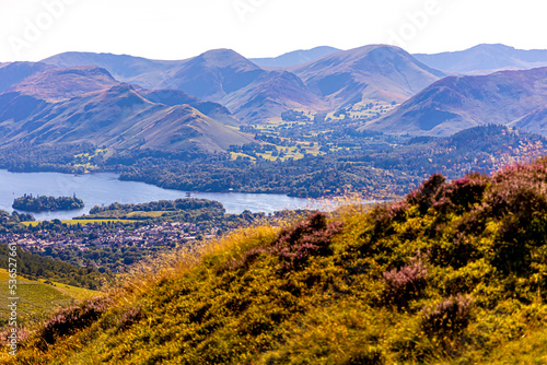 Aerial view of hills around Keswick in Lake District, a region and national park in Cumbria in northwest England