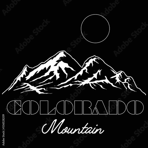COLORADO MOUNTAIN ADVENTURE. BLACK AND WHITE OUTLINE  PRINT. Editable vector File