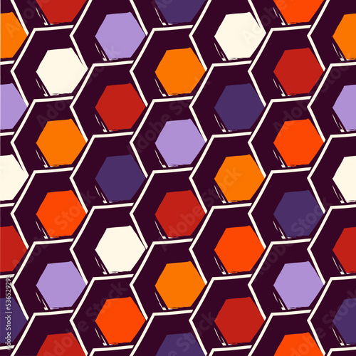Fototapeta Naklejka Na Ścianę i Meble -  Paint brush hexagons. Hand drawn honeycombs background. Hexahedrons wallpaper. Hives motif. Geometric backdrop. Ethnic digital paper. Web designing. Textile print. Seamless pattern.