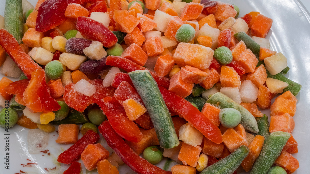 Frozen vegetables, carrots, peas, peppers, beans