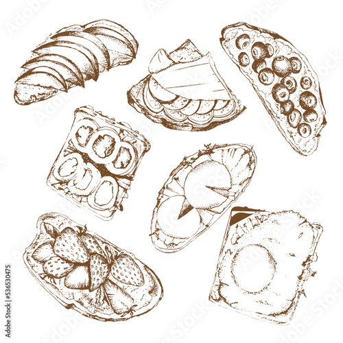 Hand drawn set of bruschetta and sandwiches. Italian antipasto with tomatoes, basil, salmon, blueberries, strawberries and apples. Starter dish. Lunch menu. Vector illustration brown line in engraving