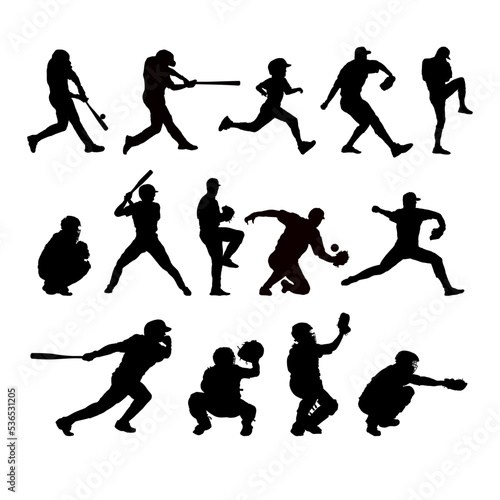 Set of 14 baseball player silhouettes. Pitchers, catchers, beaters