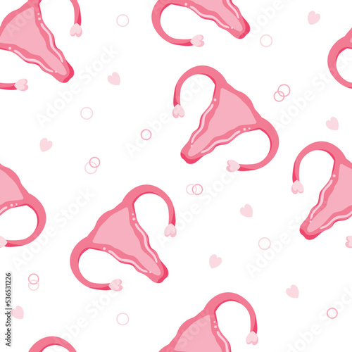 Seamless pattern with uterus. Women's health concept . Female Flat isolated vector illustration. Beautiful Female Reproductive System with hearts. Feminine Gynecology.Anatomical Uterus,Ovaries. 