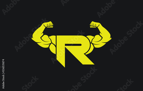 Fitness Gym logo with letter R, bicep flex logo, vector, design, emblem, icon