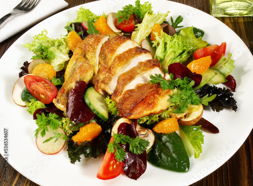 Mixed Salad with Vegetables, Fruits and grilled Chicken Breast