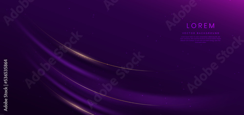 Luxury curve golden lines on dark purple  background with lighting effect copy space for text. Luxury design style. Template premium award design.