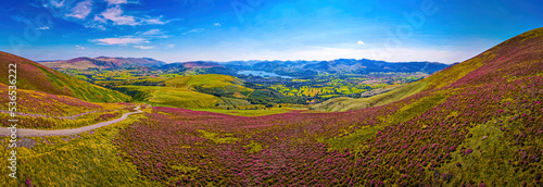 Aerial view of hills around Keswick in Lake District, a region and national park in Cumbria in northwest England photo