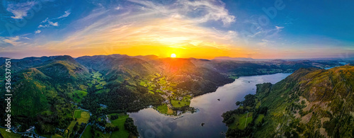 Obraz na płótnie Aerial view of sunset over Ullswater lake in Lake District, a region and nationa