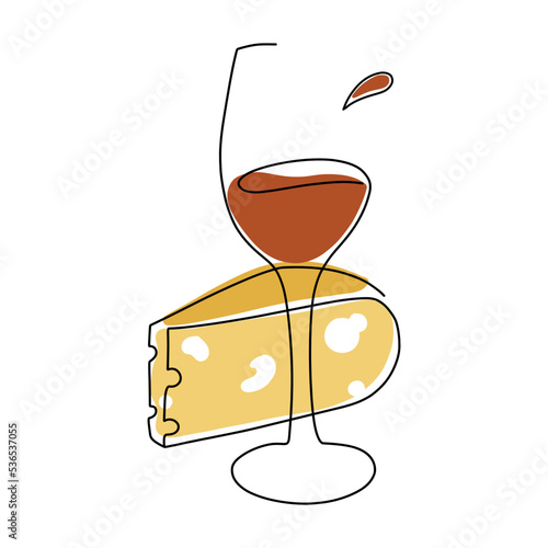 stylish vector illustration of a glass of wine and cheese in one line.