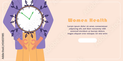 Women health banner. Clock hands show chek mark, woman hold hands symbolizin female genital organs. Flat vector illustration