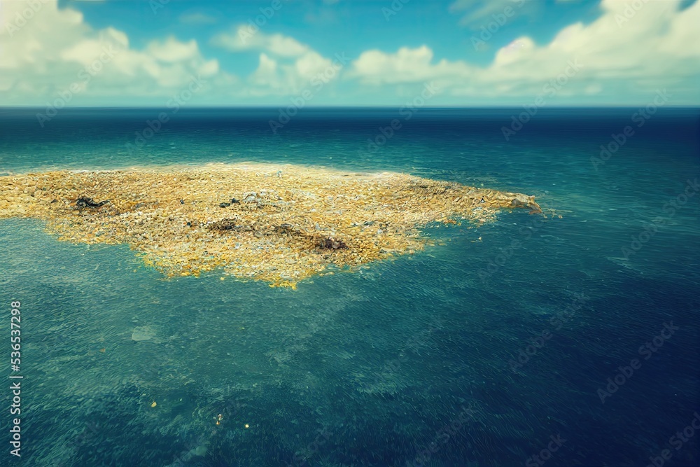 Aerial view of Plastic Island or Great Pacific Garbage Patch or Pacific  Trash Vortex, consisting mainly of plastic, light metals and organic  residues of garbage in ocean. Environmental disaster Stock Illustration