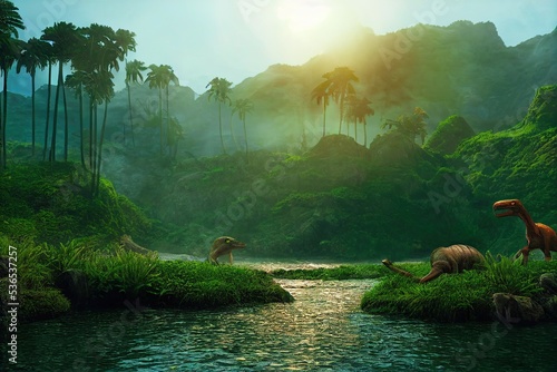 Obraz The ancient dinosaurs lived in a nature park of the Jurassic period, in which forests, lakes, and volcanoes were present. 3D rendering.