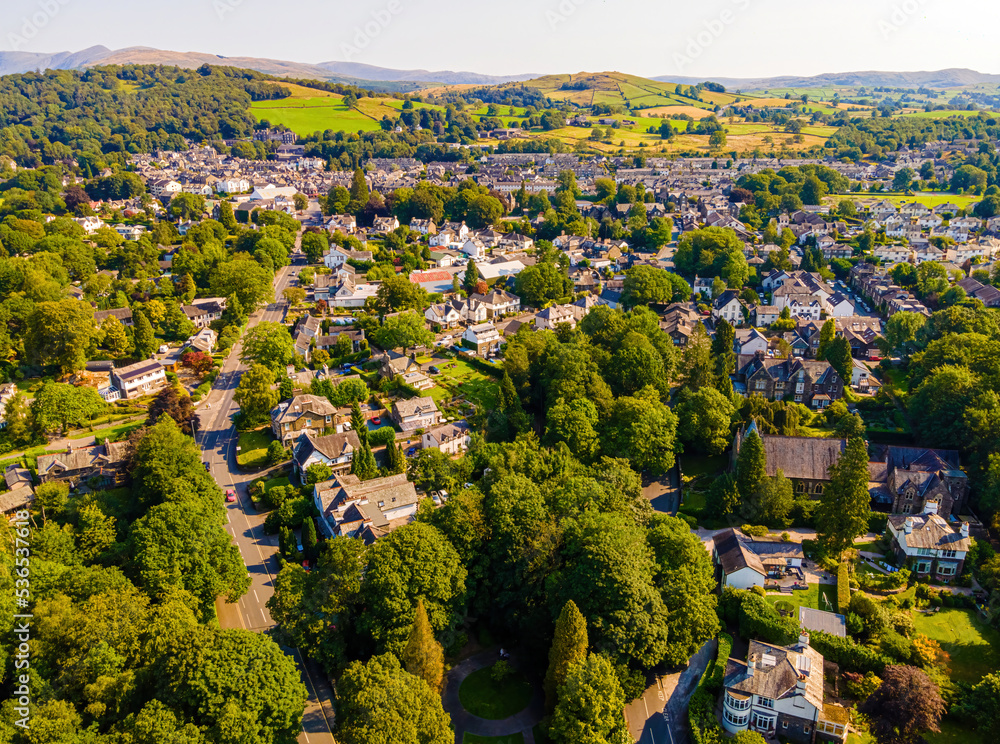Aerial view of Windermere town in Lake District, a region and national park in Cumbria in northwest England