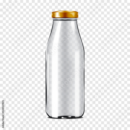Clear empty glass bottle with metal screw cap on transparent background realistic vector mock-up. Milk, juice or other drink packaging mockup