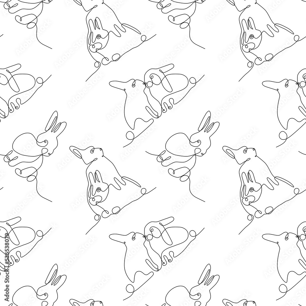 Rabbits abstract one continuous line semless pattern. Modern minimalist style bunny symbol of 2023 year. Happy chinese New year