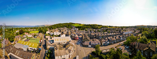 Aerial view of Windermere town in Lake District, a region and national park in Cumbria in northwest England