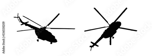 Helicopter in vector isolated illustration. Silhouette black and white