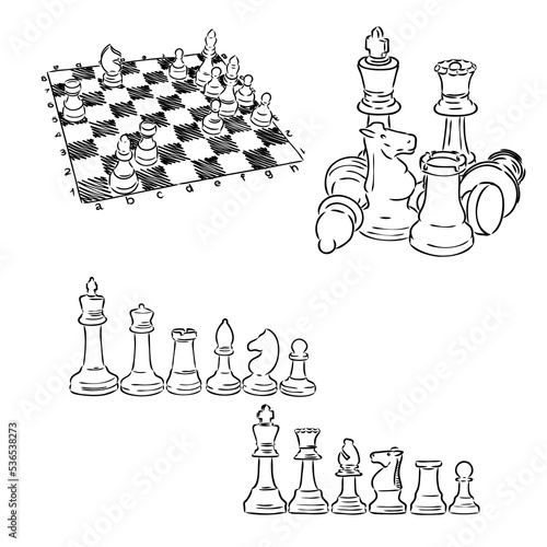 Set of chess pieces sketch. hand-drawn black chess game. Vector illustration.