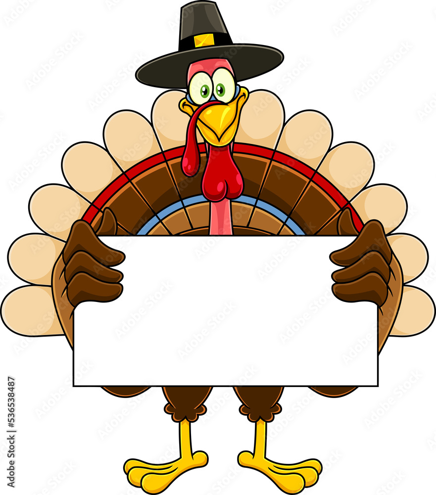 Smiling Turkey Cartoon Character With Pilgrim Hat Holding A Blank Sign