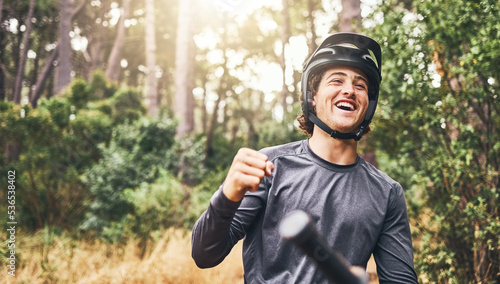 Bilde på lerret Mountain biking, achievement and celebrate success, win or freedom on bike in forest woods on a cycling adventure in nature