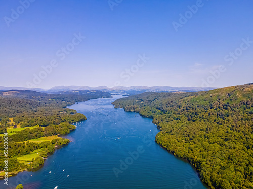 Aerial view of Windermere in Lake District, a region and national park in Cumbria in northwest England