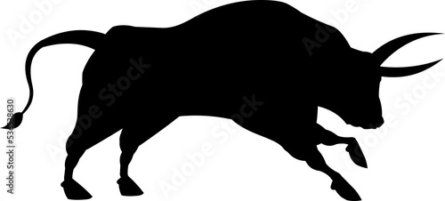 Black Bull Silhouette Running. Hand Drawn Illustration Isolated On Transparent Background