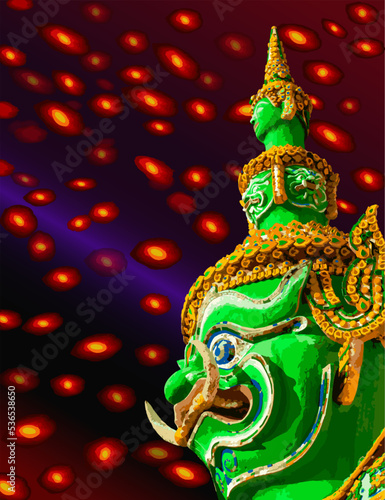 Side view of a giant Tosakan with 10 faces and 10 arms, green body, The background has a red light.