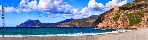 Wallpaper Mural Corsica island nature landscape. Gulf of Porto.  beach of Porto Ota, panoramic view with island and Genoan tower monument. Torontodigital.ca