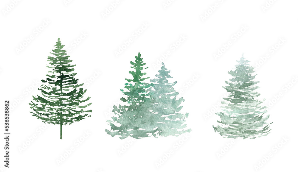Watercolor fir trees clipart set isolated on white background. Wild forest travel scetch. Hand drawn natural element. Landscape template for Christmas design