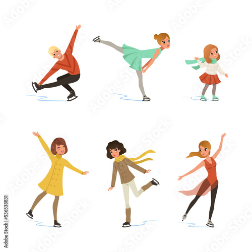 People Characters Ice Skating Gliding on Ice Surface with Bladed Ice Skates Vector Set