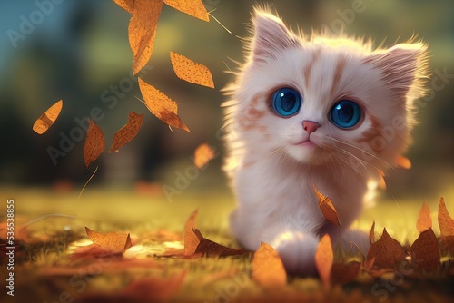 A 3D rendered computer-generated image of an adorable kawaii Himalayan kitten playing outside and enjoying the weather. 