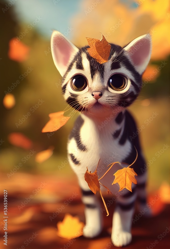 A 3D rendered computer-generated image of an adorable kawaii American Shorthair kitten playing outside and enjoying the weather. 