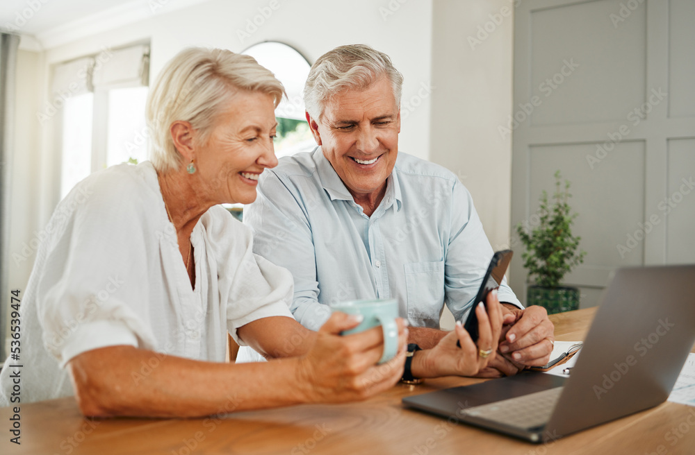 Senior, couple and online computer communication video call or bills budget planning at home. Elderly woman and man with a happy smile using internet and technology for finance plan for retirement Senior, couple and online computer communication video call or bills budget planning at home. Elderly woman and man with a happy smile using internet and technology for finance plan for retirement