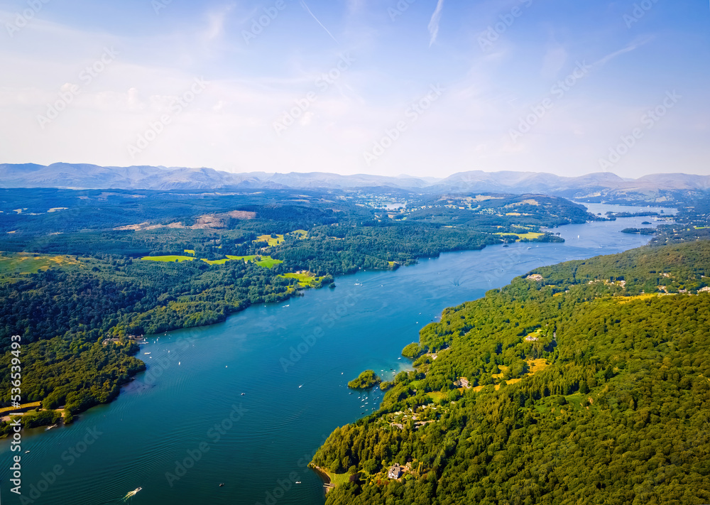 Aerial view of Windermere in Lake District, a region and national park in Cumbria in northwest England