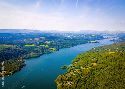 Aerial view of Windermere in Lake District, a region and national park in Cumbria in northwest England