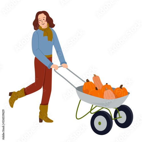 Woman pushing wheelbarrow with autumn harvest. Farm worker going with garden cart with pumpkins harvest. Farmer and pushcart. Colored flat vector illustration isolated on white background