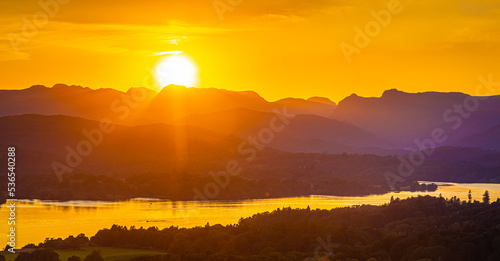 View of sunset over Windermere in Lake District  a region and national park in Cumbria in northwest England