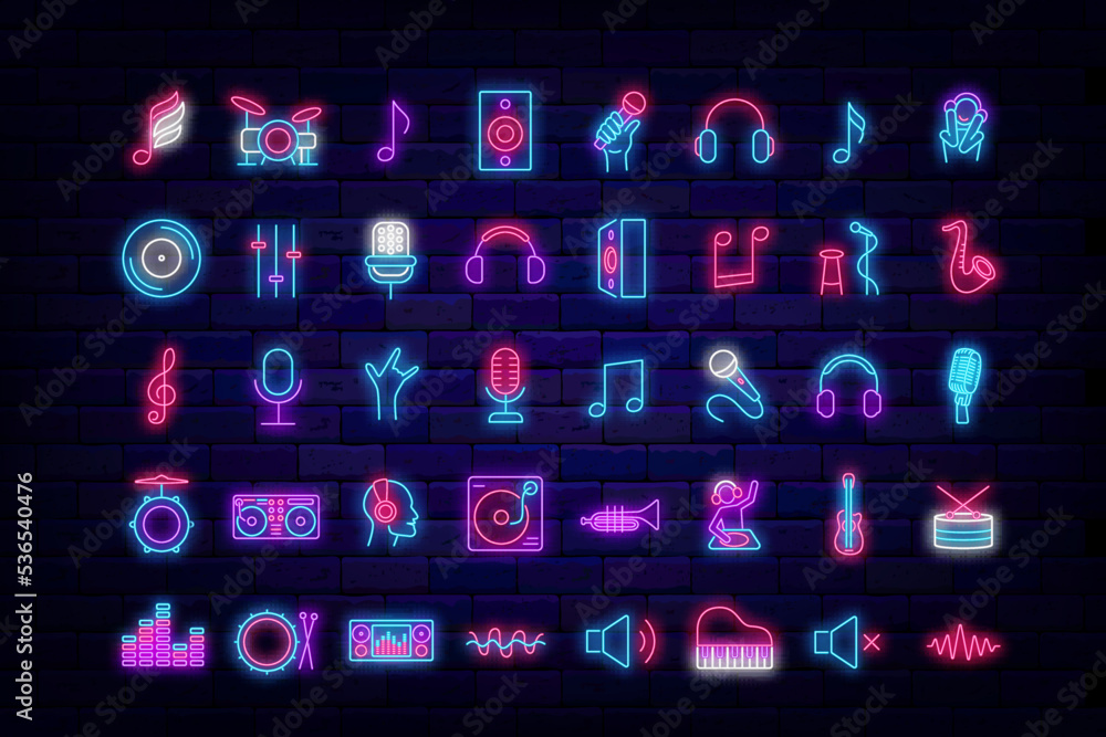 Music neon icons bundle. Stand up symbol. Headphone and notes. Piano, microphone. Vector stock illustration - obrazy, fototapety, plakaty 