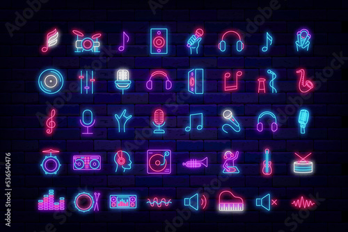 Music neon icons bundle. Stand up symbol. Headphone and notes. Piano, microphone. Vector stock illustration
