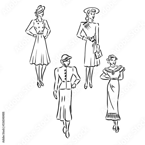 Vintage vector people set. fashion style set. Group of retro woman and man. style, sketch style, engravings with people